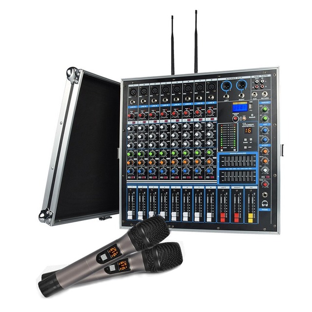 8 Channel USB Digital 1000W DJ Audio Power Amplifier with 2 Wireless Microphones
