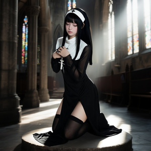 Sexy Nun Costume Women Adult Halloween Cosplay Dress Role Play Performance Outfit Black With Cross Detail - Product Image 1