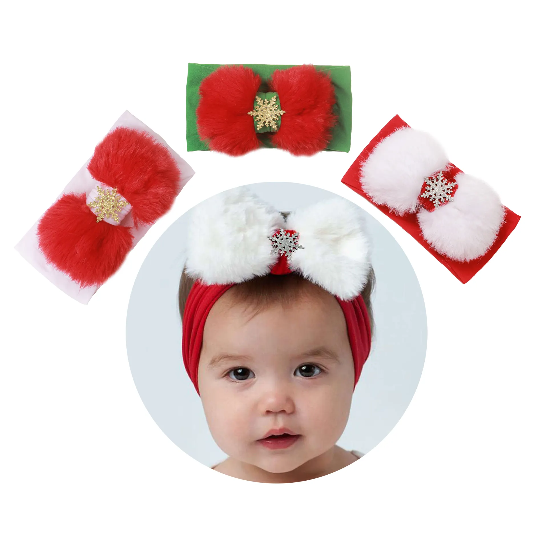 Christmas hair accessories Children's Snowflake Bow Headband baby seamless headband pompom plush christmas hair band