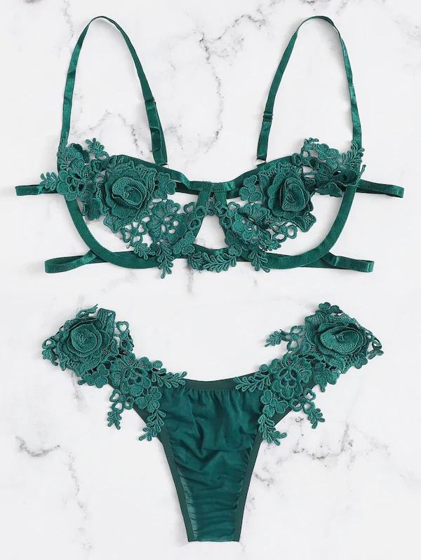 Floral Embroidered Lace Underwire Lingerie Set Sexy Hot XL Size Spandex Panty Fashionable Girl's Lingerie with ODM Bag Packaging