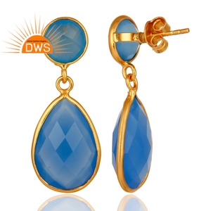 Dangle Designer Silver Earrings Jewelry Wholesaler of Gold Plated Earring Blue Chalcedony Gemstone Earring Supplier - Product Image 3