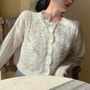 Suéter Cárdigan Versátil de Punto Calado con Cuello de Perlas y Pétalos Vintage para Mujer, Colección Otoño 2025 al por Mayor - Product Image 3