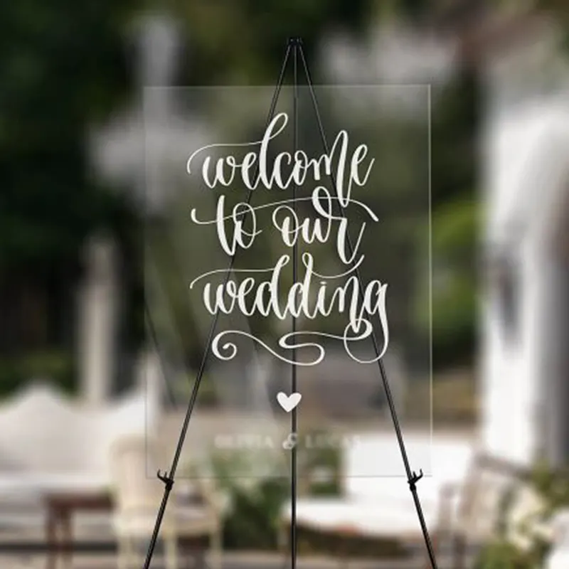 Señalización acrílica de impresión para boda, tablero de letrero de bienvenida pintado transparente para boda, tablero de letrero para mensaje de invitado para boda