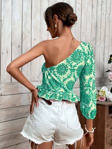 2026 Sexy Casual <span class=keywords><strong>Mandala</strong></span> estampado un <span class=keywords><strong>hombro</strong></span> linterna manga volante dobladillo Blusa con cinturón Top <span class=keywords><strong>mujer</strong></span> señora camiseta - Product Image 3