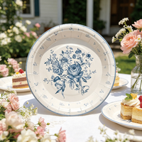Assiettes en papier jetables bleues à motif floral, usage unique, motif floral vintage, résistantes, 9 pouces, pour la décoration de fêtes et d'événements
