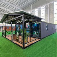 Maisonnette préfabriquée moderne en acier avec porche à pignon, portes vitrées, terrasse en bois, guirlandes lumineuses, maison de vacances pour jardin