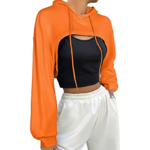 Sudadera con capucha corta naranja, color sólido, informal, para otoño, manga regular, sudadera con capucha para mujer, top informal para mujer - Product Image 1