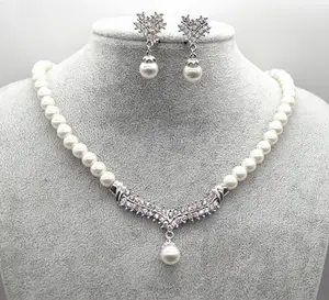 Trendy Fashion Beautiful Bridal Vintage Wedding Women Stainless Steel Pearl Beads Necklace And Earring Jewelry Sets For Wedding