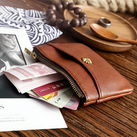 Porte-monnaie vintage en cuir véritable avec fermeture éclair, porte-cartes en forme de L, fermeture éclair, clou en laiton en forme de fleur, petite pochette