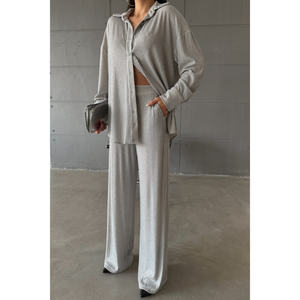 Conjunto Casual de 2 Piezas Plateado Brillante para Mujer, Compuesto por Camisa y Pantalones - Product Image 3