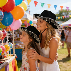 Sombreros de fiesta para madre e hija ZhenXi, sombrero de ala ancha con borlas y diamantes de imitación, talla para niños y adultos, 54 cm, 56-58 cm, sombrero de jazz para festivales - Product Image 1