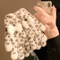 Gants d'hiver chauds en coton/élasthanne style coréen pour femmes, en peluche, à doigts entiers, motif léopard, élastiques, anti-froid
