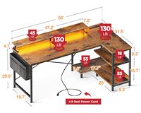 Bureau d'ordinateur de jeu RVB avec support pour moniteur et sac de rangement Table d'ordinateur de jeu avec support hôte et étagères réversibles