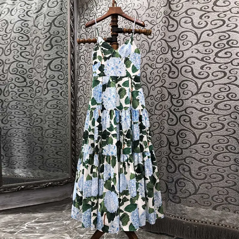 100%Cotton Long Dress 2023 Summer Fashion Style Women Green Leaves Blue Flower Prints Casual Bohemian Beach Long Maxi Dress XL