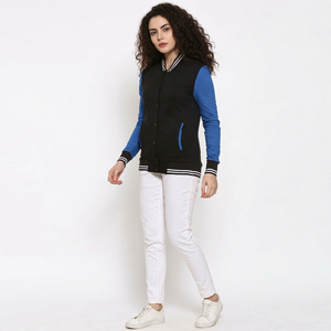 Chaqueta Varsity para Mujer, Negra y Azul, Manga Larga, Color de Contraste, Diseño Sólido, Cuello con Botones, Ropa de Otoño - Product Image 1