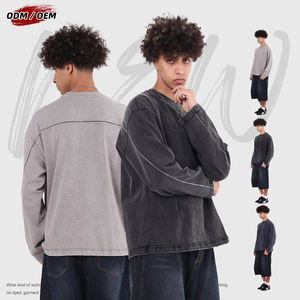 Camiseta de manga larga holgada de algodón puro de doble hilo de 325 g con empalmes de hilo colisionado estilo vintage para hombre, lavado en blanco, para otoño - Product Image 1