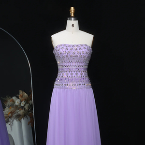 Vestido LSZ539 Elegante Lila con Cuello Barco, Pliegues de Plumas de Cristal, Patrón 3D, Largo hasta el Suelo, Corte en A, Cintura Natural, Ecológico, para Fiesta Formal - Product Image 3