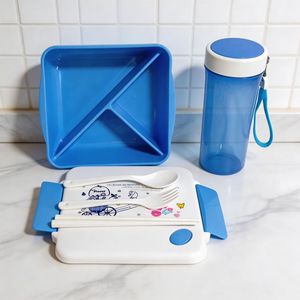 Children's Cartoon Lunch Box With Three Compartments Plastic <b>Microwave</b> Safe Rectangle Blue And Red Pattern Student Picnic Use - Product Image 2