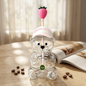 2026 Hot Sale Cute Strawberry <strong>Straw</strong> Cartoon Teddy Bear <strong>Cup</strong> <strong>with</strong> <strong>Lid</strong> High Borosilicate Glass Transparent Coffee <strong>Cups</strong> - Product Image 6