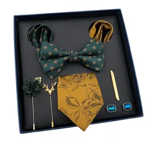 2021 New Design Holiday Luxury Gift Necktie set for Men Silk Butterfly Bow tie Tie and Tie Clips Lapel Pin Hanky Cufflink Set