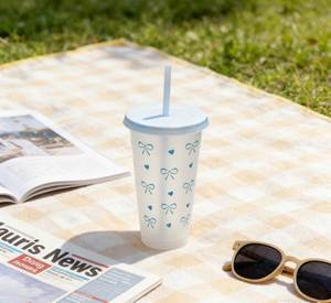 Birthday Party Favor Blue Bow <b>Reusable</b> Clear Tumbler With Lid and Straw for Kids Girls Gift Travel Plastic <b>Cup</b> - Product Image 2