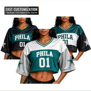 Maillot de football court pour femme, personnalisable OEM ODM avec nom, pour événements communautaires, en maille patchwork, à épaules tombantes, faible MOQ - Product Image 1