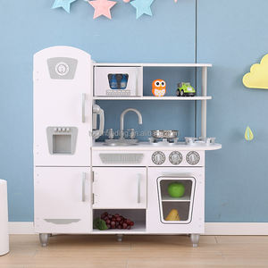 Cuisine en bois classique vintage blanche pour enfants avec machine à glaçons, téléphone, robinet, évier, brûleur et four - Product Image 1