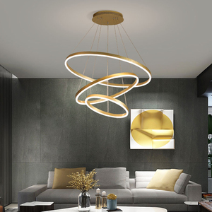 Lámpara Colgante LED Redonda Dorada Moderna, Altura Ajustable, Control Remoto, para Sala de Estar, Cuerpo de Aluminio, Luz Blanca Cálida 3500K - Product Image 5