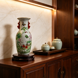 Vase en porcelaine craquelée <span class=keywords><strong>de</strong></span> Jingdezhen, motif lotus et <span class=keywords><strong>canard</strong></span> mandarin, vase en céramique à double anse - Product Image 4
