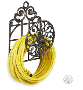 Soporte de manguera de jardín montado en la pared decorativo Vintage francés Floral Scrollwork manguera carrete colgador café oscuro hierro fundido agua - Product Image 1