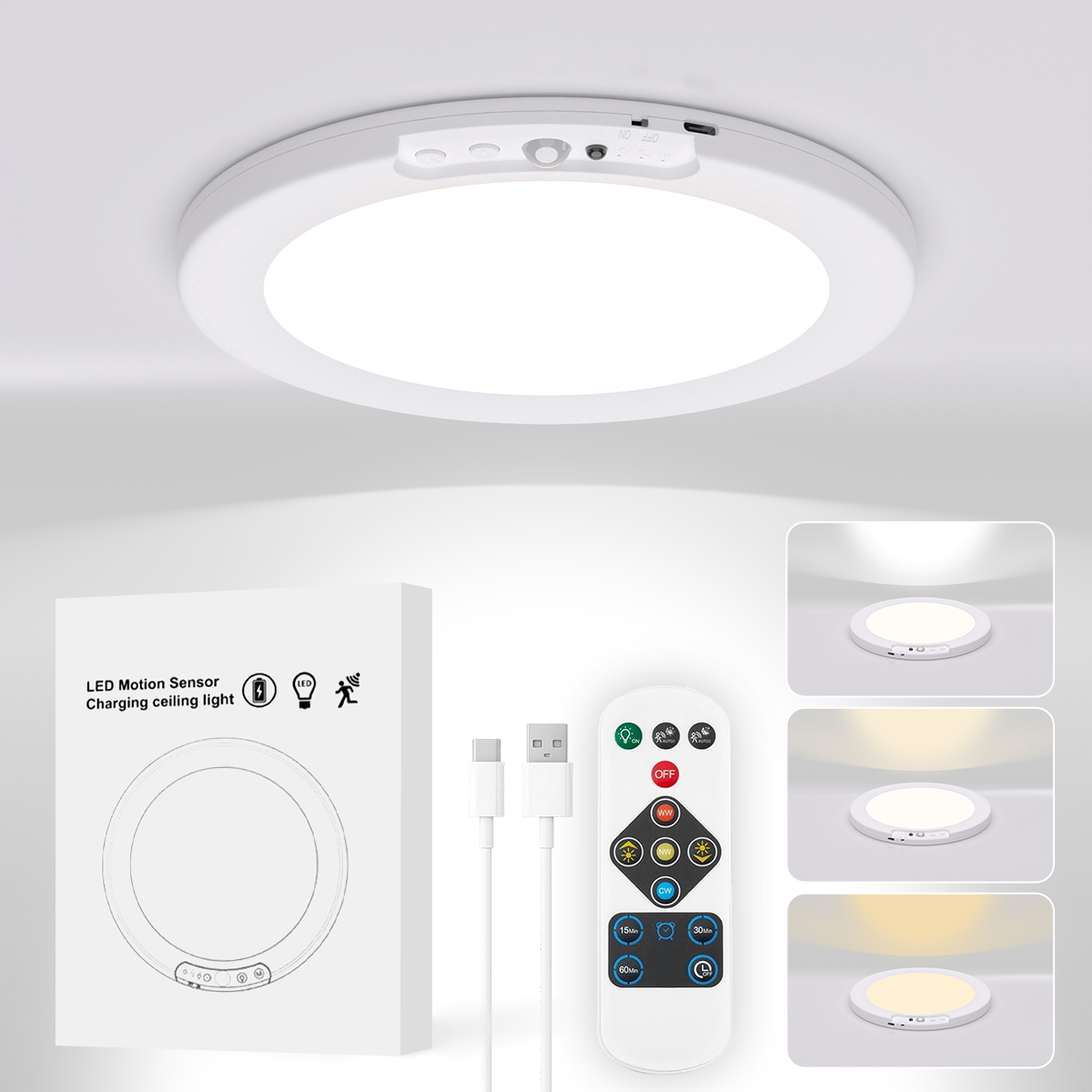 Rechargeable Magnetic Motion Sensor LED Light for Indoor Stairs Closets Entrances Bag Lighting (Ceiling/Cabinet Mount)