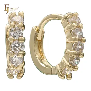 52201033 FJ Fallon Fashion Jewelry Five Paved White Round CZs Huggie Earrings Plated In 14K Gold Brass Based