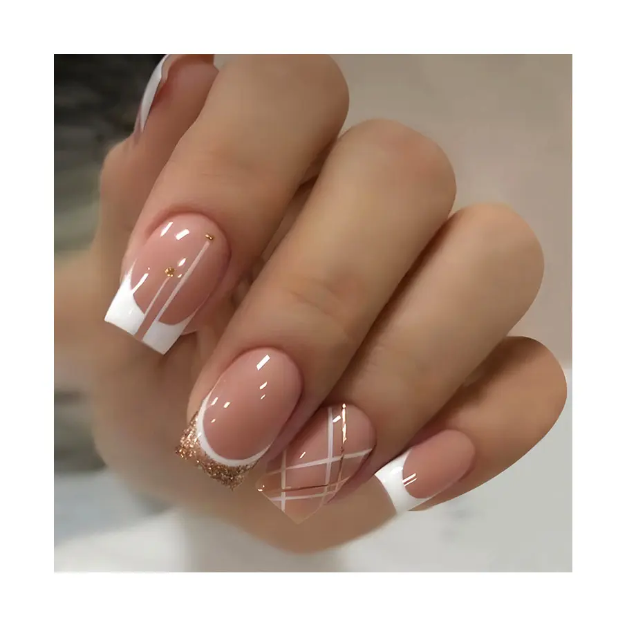 NA0781 24pcs Square False Nails French Gradient White Fingertip Diamond Wearing Press on Nail Full Cover Detachable Nail Tips