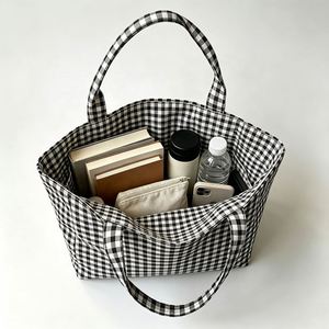 Sac fourre-tout en toile écologique réutilisable à ouverture supérieure, motif à carreaux noir et blanc, grande capacité, pour les courses quotidiennes, logo personnalisé - Product Image 2
