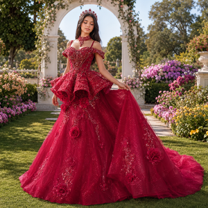 Robe de soirée de luxe rouge Mc034 avec corset en dentelle perlée, appliques florales, péplum et surjupe, col choker, pour bal de promo et fêtes Jancember - Product Image 1