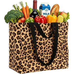 <b>Extra</b> <b>Large</b> Canvas Grocery Bag Leopard <b>Print</b> Foldable Tote With 6 Pockets For Shopping - Product Image 1