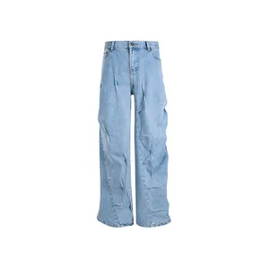 כחול בהיר אקונומיקה שטוף חומצה ג'ינס גברים בגדי רחוב רגליים רחבות גברים מכנסיים ג'ינס מכנסי ג'ינס לשני המינים