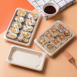 Disposable Biodegradable Rectangle Sugarcane Bagasse Paper Pulp Sushi Box Tray Food Plate Packaging