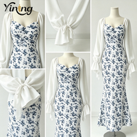 Robe longue d'été pour femme personnalisable avec imprimé floral, bretelles spaghetti, col en V, en mousseline tricotée respirante