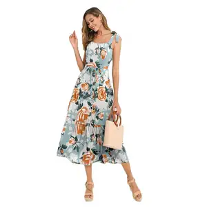 Ladies Boutique Dresses Clothing Women Cloth Dress 2020 Floral Print Summer OEM Service 100% Polyester Satin Midi Dress Empire