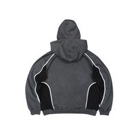 Sweat à capuche unisexe personnalisé en polaire gris et noir avec blocs de couleur contrastants, col zippé quart, coupe oversize, manches raglan, style vintage sport