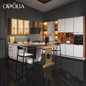 Juego de <span class=keywords><strong>Cocina</strong></span> OPPOLIA en Madera Maciza con Acabado UV Blanco y Marrón, Iluminación LED, Encimera de Cuarzo y Gabinetes de Madera Contrachapada - Product Image 1