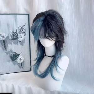 Parrucca coda di lupo nero e blu, testa di muggine di medusa, punti salienti personalizzati, capelli lunghi lisci, Cosplay umano simulazione, - Product Image 1