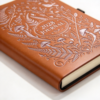 Carnet de notes A5 en PU marron à couverture rigide, avec gaufrage personnalisé Champignon Fougère Oiseau, Agenda 2028