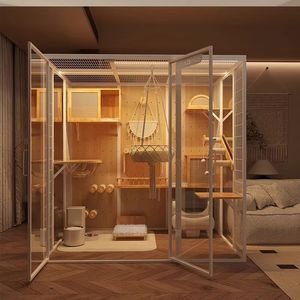 Vitrine de Luxe Spacieuse <span class=keywords><strong>pour</strong></span> Animaux de Compagnie, Cadre en Acier Carbone, Panneaux en Bois Massif <span class=keywords><strong>d</strong></span>'Hévéa, Verre Trempé, Villa Intérieure Multi-Animaux (Chats et Chiens) - Product Image 2