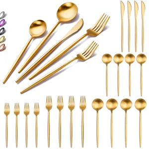 Portugal Stainless Steel Metal Bulk Catering Spoon Sets Matte Golden Plated Silverware Wedding Flatware Gold Cutlery Set