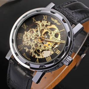 Reloj Automático Vintage para Hombre con Esfera Hueca Grabada, Correa de Cuero Negra, Reloj de Pulsera Mecánico Retro - Product Image 2