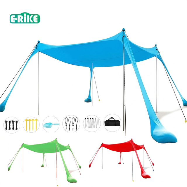 E-RIKE Wholesale 4 Steel Frame Spandex Custom Beach Canopy Tent Sun Shelter UPF50+ Folding Beach Canopy