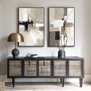 Set di 2 Quadri Moderni Astratti Neutri, Dipinti su Tela Testurizzata con Cornice in Polistirolo, Beige Grigio Nero, per Soggiorno e Camera da Letto - Product Image 2