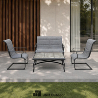 Ensemble de meubles de patio J&M Outdoor Modern Iron PE 4 pièces avec chaises en tissu Teslin et table à dîner aspect marbre